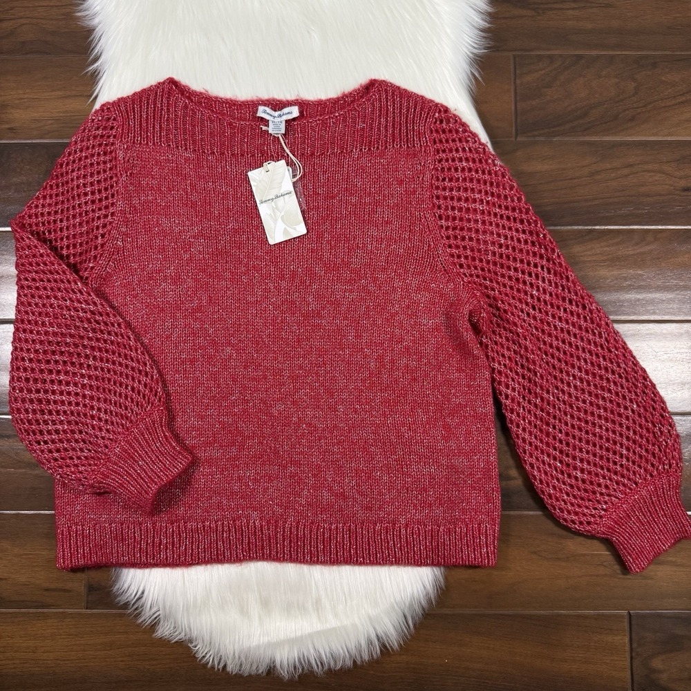 Tommy Bahama Women's Size XL Red Shimmer Balloon Sleeve Bateau Sweater Top